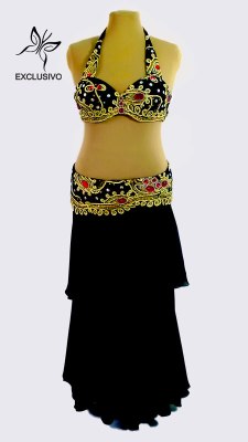 Figurino para dança do ventre preto, ouro e vermelho - frente