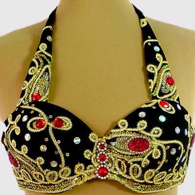 Figurino para dança do ventrefpreto, ouro e vermelho - soutien