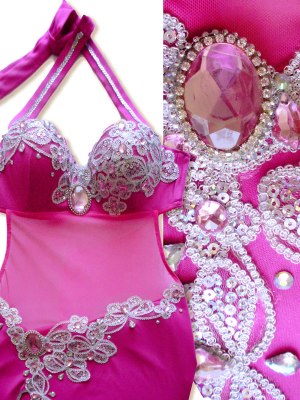 Vestido para dança do ventre rosa e prata